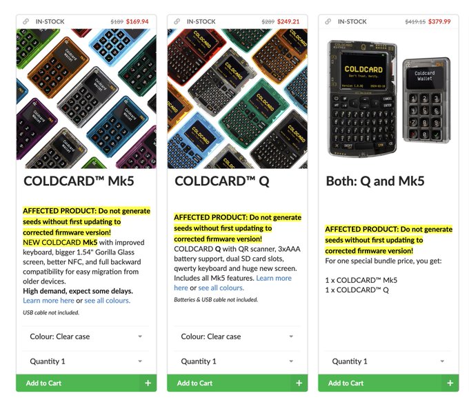 An online store listing showing COLDCARD hardware wallets (Mk5 and Q models) with yellow 'AFFECTED PRODUCT' warnings about updating firmware before generating seeds, priced at $169.94, $249.21, and a bundle deal at $379.99.