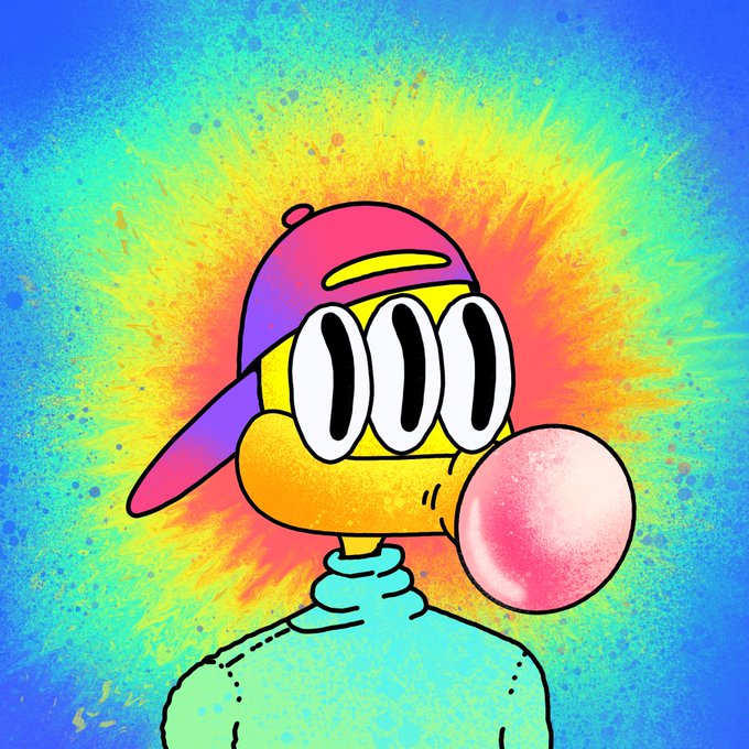 A colorful, psychedelic-style illustration features a yellow cartoon character wearing a purple and pink cap, blowing a large pink bubblegum bubble against a vibrant tie-dye background.
