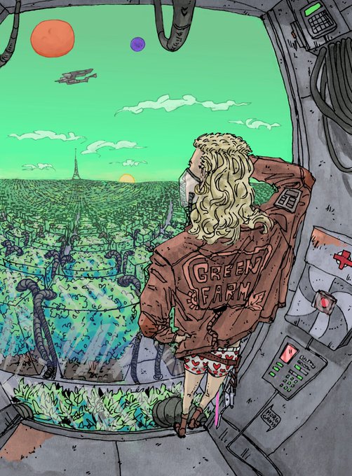 A digital illustration of a blonde figure in a leather jacket with "GREEN FARM" written on the back, looking out a spaceship window at a green alien planet with multiple moons and a futuristic city.