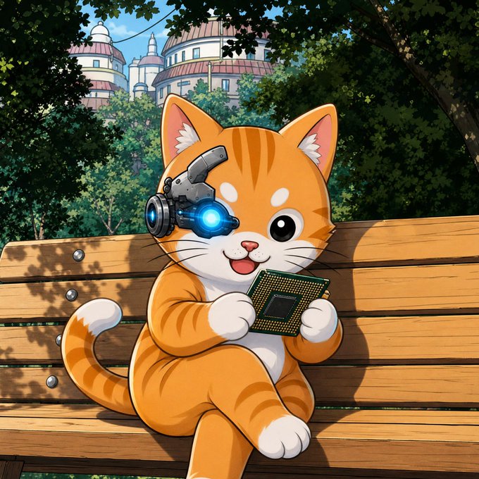 An adorable anime cat with a cybernetic visor sits on a wooden bench holding a CPU chip, set in front of a cartoon cityscape with the Reddit (RH) logo on a dome in the background, visually representing the bullish thesis on $CPU and the broader "cats popping" meme coin cycle.