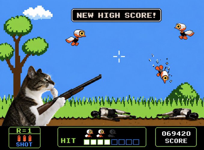 A pixelated retro duck-hunt game shows a cat wielding a shotgun aiming at flying ducks, with a "NEW HIGH SCORE!" banner displaying a score of 069420. The image humorously illustrates the post's message about crypto "hunting" for survivors after crashes—using the shooting game metaphor to suggest letting weak tokens dip 80-90% before they can be taken to new all-time highs again.
