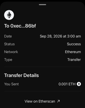A mobile phone screenshot of a successful Ethereum transaction showing 0.001 ETH transferred on Sep 28, 2026 at 3:00 am, with an option to view on Etherscan.