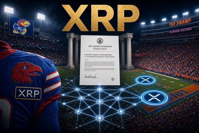 A promotional graphic featuring the XRP logo and a document titled 'XRP Ledger Foundation Working Paper' displayed in a football stadium setting, referencing the University of Kansas (KU) Jayhawks and Florida Gators ('The Swamp').