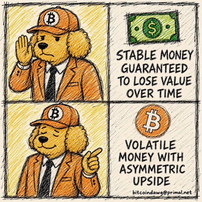 A four-panel comic featuring 'Bitcoin Dawg' contrasting stable fiat money ('GUARANTEED TO LOSE VALUE OVER TIME') with volatile Bitcoin ('VOLATILE MONEY WITH ASYMMETRIC UPSIDE'), signed bitcoinadawg@primal.net.