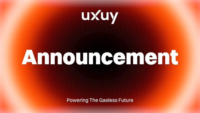 A bold orange and black gradient announcement graphic for UXUY displays the text "Announcement" with the tagline "Powering The Gasless Future," signaling the platform's upcoming support for $URNA trading from UrnaCharge.