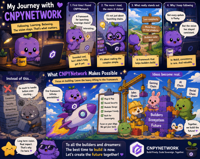 A promotional infographic titled 'My Journey with CNPYNETWORK' illustrating the benefits of the platform, highlighting features like plug & play, shared security, and modular design, with the tagline 'To all the builders and dreamers: The best time to build is now.'