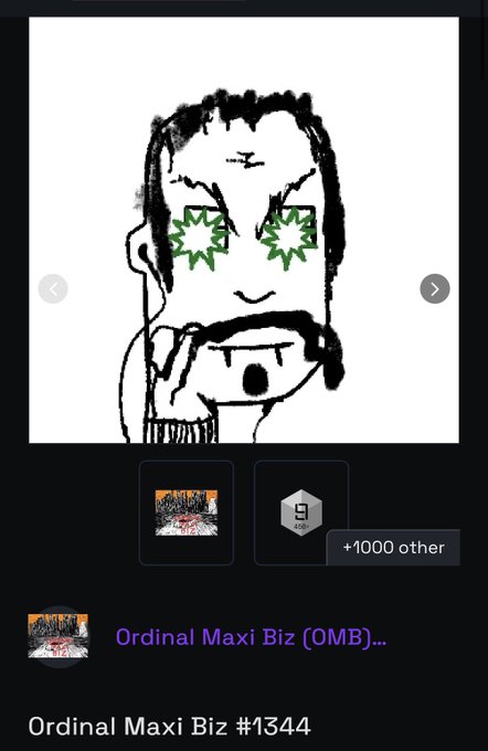 A screenshot of an Ordinal NFT collection called 'Ordinal Maxi Biz (OMB)...' showing a crude black-and-white line drawing of a face with green star-shaped eyes, labeled as item #1344.