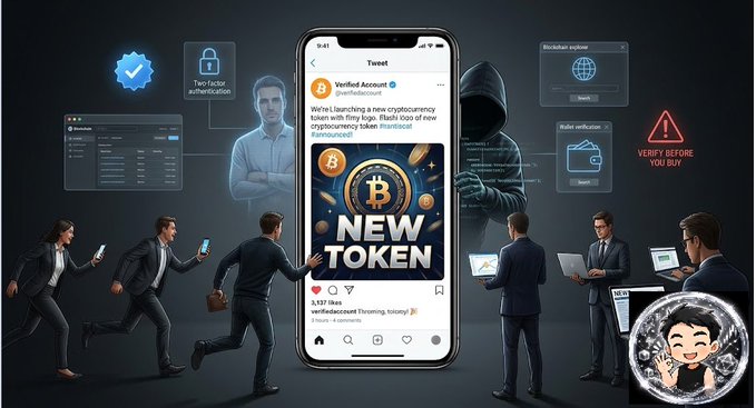 An infographic depicting cryptocurrency risks shows a smartphone displaying a 'NEW TOKEN' and 'Verified Account' post, surrounded by warning signs including 'Two-factor authentication,' a hooded hacker, and 'VERIFY BEFORE YOU BUY.'