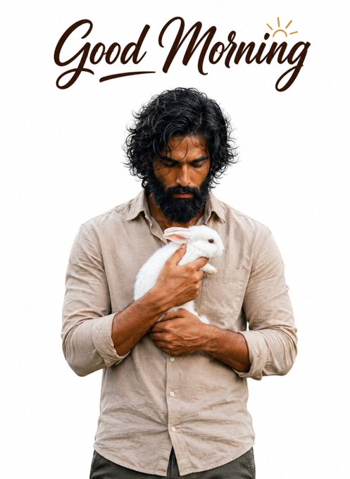 A man with long dark hair and a full beard, wearing a tan button-up shirt, holds a white rabbit in his hands against a white background, with 'Good Morning' written in elegant brown script above him.