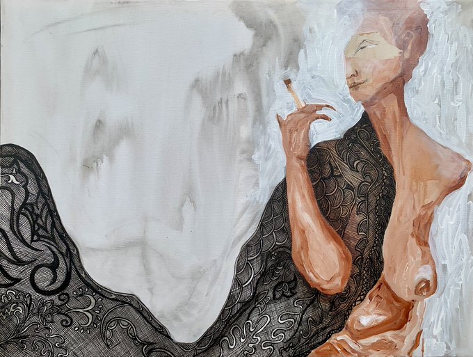 An expressionistic painting of a slender woman in black lace attire holding a cigarette, with white smoke and painted text faintly visible in the muted background.