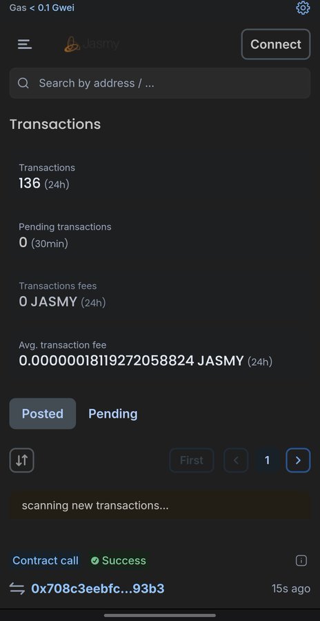 The image shows a JasmyChain block explorer dashboard displaying 136 transactions in the last 24 hours with 0 pending transactions and minimal fees, with the latest successful contract call occurring 15 seconds ago. This confirms the network's restored activity referenced in the post, visualizing the resumed transaction flow supporting tokens like $REMIXP1.