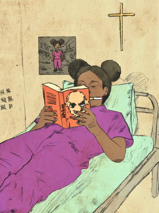 An illustration of a young girl in a hospital bed wearing a purple gown, happily reading a red book that displays a skull on its cover, with a simple cross drawn on the wall above her.