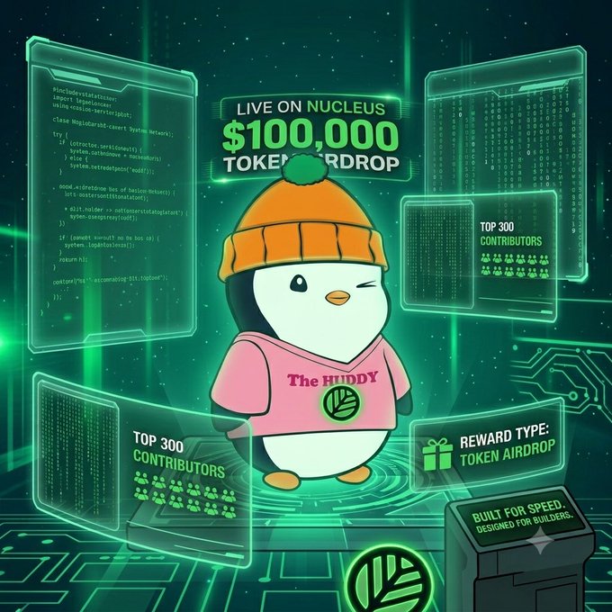 The image features a cartoon penguin wearing a pink shirt and an orange beanie, standing amidst various screens that display information about gameplay elements like coins, tokens, and different game settings. In addition to this, there are text elements related to the game's ecosystem. The primary focus of this image is how it promotes a certain gaming platform or ecosystem, possibly connecting with the concept of a penguin in a cold environment representing the importance of the game to its players.