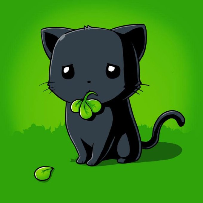 A cartoon illustration of a sad dark gray kitten with a four-leaf clover in its mouth, sitting on a bright green background.