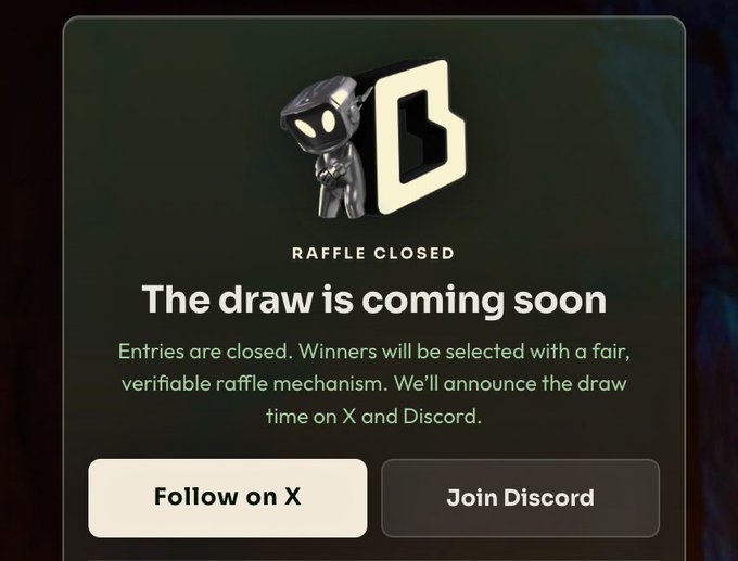 A digital announcement card reads 'RAFFLE CLOSED' and 'The draw is coming soon,' explaining that entries are closed and winners will be selected via a fair, verifiable raffle mechanism announced on X and Discord.