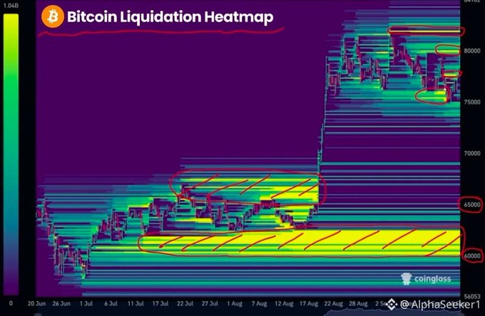 A 'Bitcoin Liquidation Heatmap' from Coinglass with hand-drawn red annotations highlighting key liquidation zones near price levels 80000, 75000, 65000, and 60000.