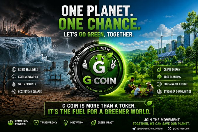 A promotional graphic for 'G COIN' cryptocurrency with the slogan 'ONE PLANET. ONE CHANCE. LET'S GO GREEN, TOGETHER,' contrasting a polluted/destroyed environment on the left with a clean green sustainable future on the right.