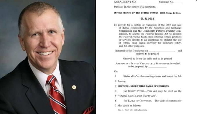 A split image featuring a smiling portrait of a man in a suit on the left, and on the right, U.S. Senate legislation 'H.R. 3633' aimed at providing 'a system of regulation of the offer and sale of digital commodities' and amending the Federal Reserve Act for 'central bank digital currency.'