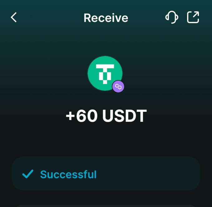 A mobile app screen shows a successful cryptocurrency transaction, displaying '+60 USDT' next to a green Tether logo.