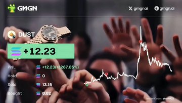 The image displays a "DUST" ticker chart showing a gain of +12.23 (267.05%), with a crowd cheering in the background, aligning with the post's "alhamdulillah my subs ate well" sentiment as the traders celebrate the significant profit.
