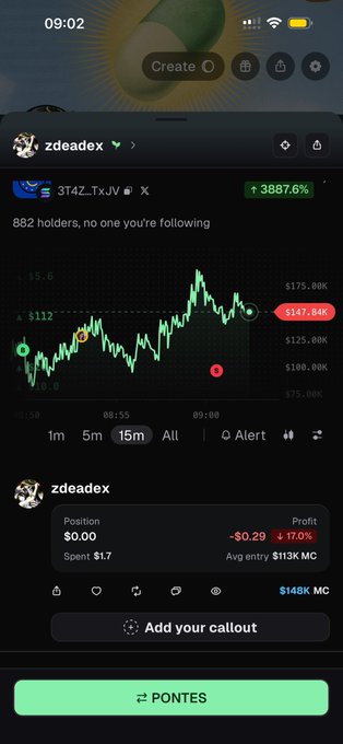A mobile trading app screenshot showing a token chart with the ticker "3T4Z_TxJv" up 3887.6%, valued at $147.84K, with 882 holders, and a user profile "zdeadex" displaying an entry of $113K MC and a profit of -$0.29 (-17.0%).