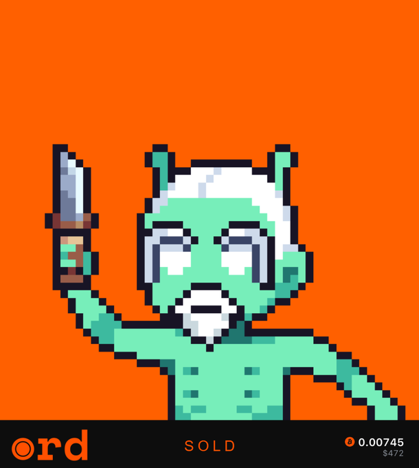 A pixel art image of a green, bearded wizard raising a dagger on an orange background, displayed as an NFT listing on Bitcoin Ordinals (©rd) with a sold price of 0.00745 ($472), matching the Wizards of Ord collection mentioned in the post.