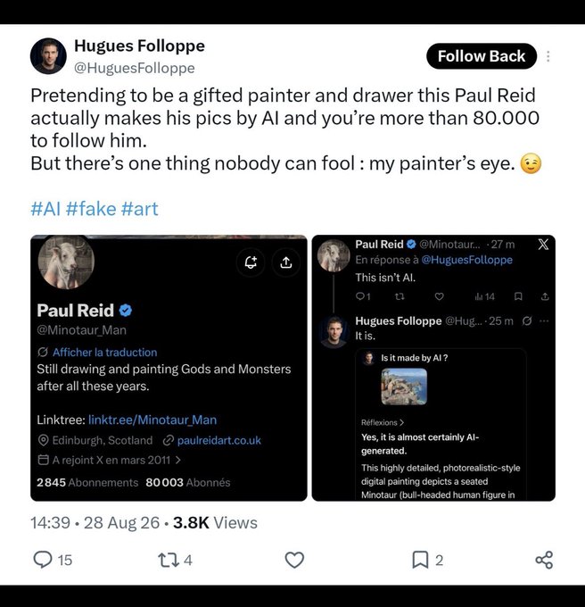 A screenshot of an X (formerly Twitter) post by Hugues Folloppe alleging that artist Paul Reid uses AI to create his work, including screenshots of Reid's profile and a reply confirming the suspicion, with hashtags '#AI #fake #art'.