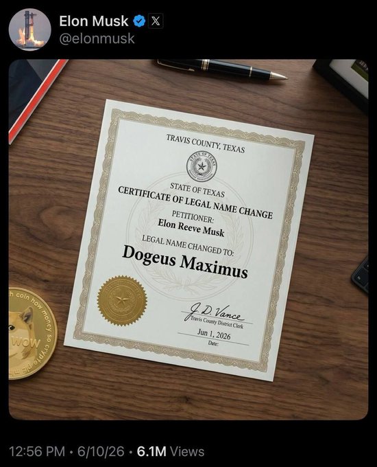 The image features an announcement for Elon Musk, with a certificate of legal name change for him. The certificate is placed on top of a wooden table, surrounded by various items such as a pen, a gold coin, and a book. The text in the image reads "ELON is $Dogeus Maximus confirmed Or is this a leak". This suggests that there might be some information about Elon Musk's name change or a leaked announcement related to him.