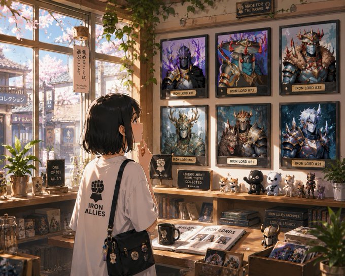 An anime-style illustration of a person in an 'IRON ALLIES' shirt browsing a shop displaying framed artwork of various 'IRON LORD' armored characters.