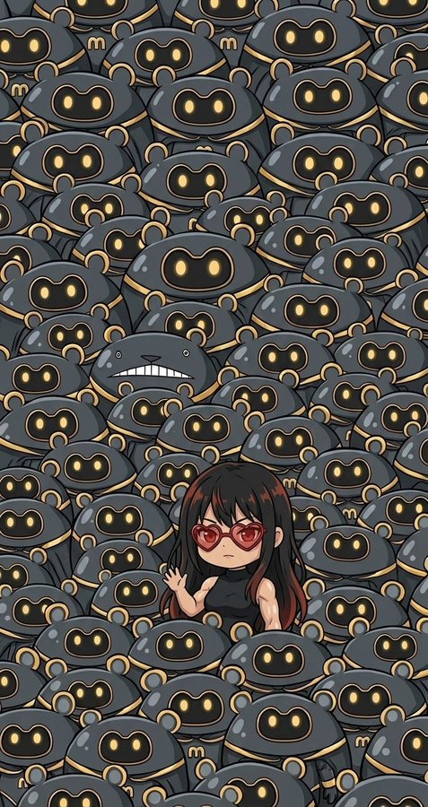 An anime-style illustration of a girl with red sunglasses surrounded by a crowd of smiling grey robot characters.