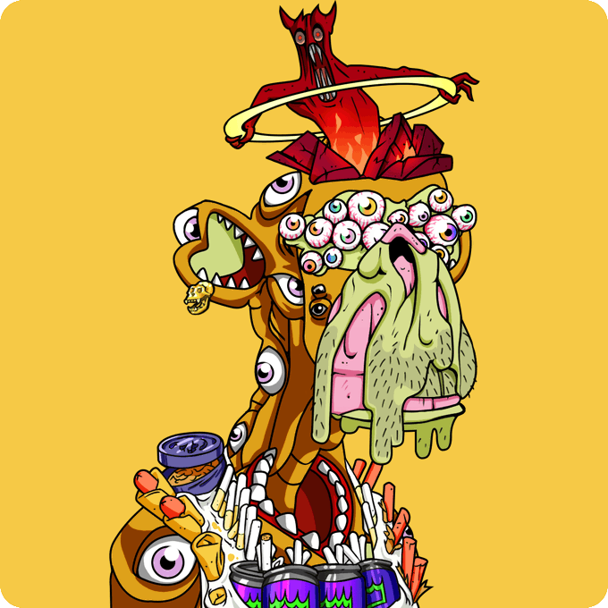 A colorful, cartoonish illustration of a bizarre, multi-eyed creature with green slimy features, multiple mouths, and a red demonic figure perched on top, set against a yellow background.