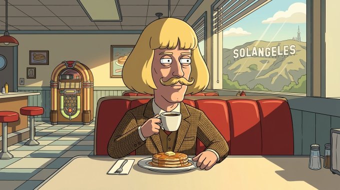 An animated cartoon depicts a blonde man with a mustache sitting in a diner booth in Solangeles, drinking coffee next to a plate of pancakes, with a jukebox visible in the background.