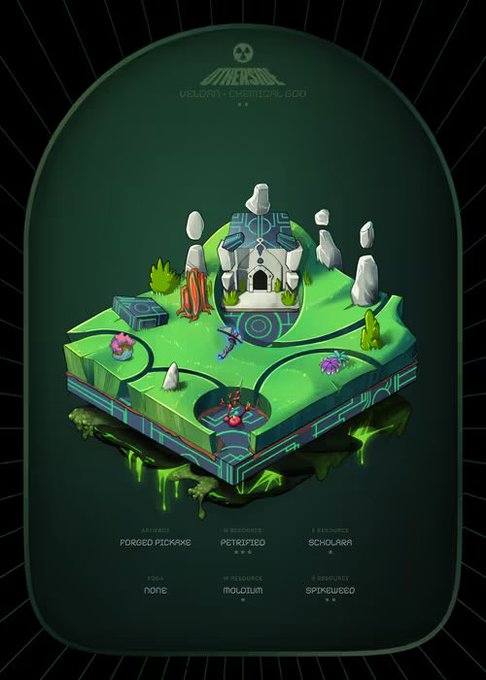 A stylized digital artwork displays an isometric floating island with green terrain, rocks, and futuristic machinery, set against a dark green background with the partially legible text "UCHSA ORIGINAL GOD" and other small labels.