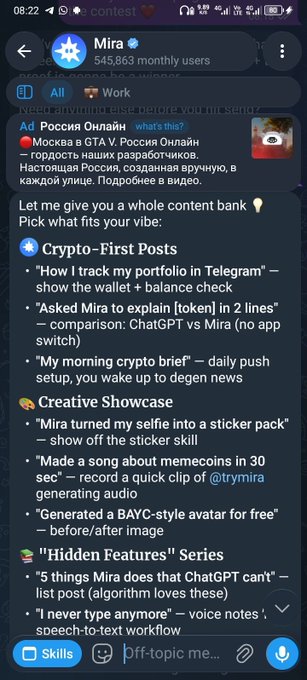 A Telegram channel screenshot for 'Mira' (545,863 monthly users) showing an ad about Russian-language AI assistants and a content bank menu with options like Crypto-First Posts, Creative Showcase, and Hidden Features Series.
