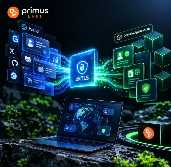 A promotional graphic for 'primus LABS' depicting a laptop with 'zkTLS' security bridging Web2 platforms to Onchain Applications, with floating app icons and blockchain elements.