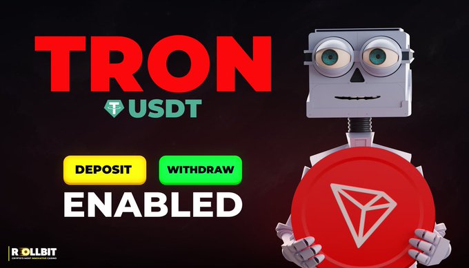 A promotional graphic for Rollbit announcing 'TRON USDT DEPOSIT/WITHDRAW ENABLED' featuring a 3D robot mascot holding a red TRON (TRX) coin logo.