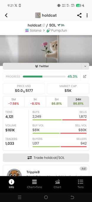 A mobile screenshot of the holdcat/SOL meme coin on Pump.fun via Solana, showing a price of $0.0005177, $5K market cap at 45.3% bonding curve progress, with 4,121 transactions and 86.81% gains over 24H. The post's bullish "10x" call aligns with the small-cap, early-stage metrics shown—buyers (1,017) outnumber sellers (942), suggesting momentum supporting the trader's "buy at small cap" strategy.