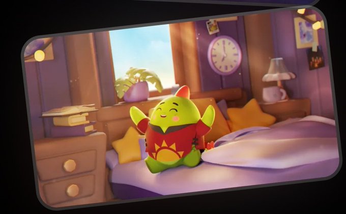The image features a cute green monster sitting on top of a bed, wearing a red shirt and smiling at the camera. The monster appears to be enjoying its time on the bed, possibly watching TV or playing video games. The room has purple walls and a window with a plant outside, creating a cozy atmosphere. In the background, there is a clock and a book, suggesting that this space could also serve as a reading area. The image includes text that reads "Good Morning @ Sleep Agotchi, Most Web3 projects start with tokens and then look for utility. sleep is something every person already does." This message seems to be related to the post about the monster in the room, possibly discussing how it can be used as an educational tool or a fun way to teach children about the importance of sleep and its benefits on their well-being.