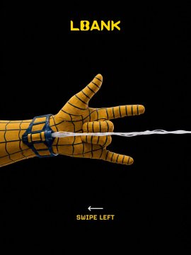 A gloved hand is shown breaking free from white string bindings against a black background, with the text "LBANK" at the top and "SWIPE LEFT" at the bottom. The image visually represents the "caught in the web" theme of the post, symbolizing breaking free to unlock the $500,000 prize pool in the LBank × Pudgy Penguins campaign.