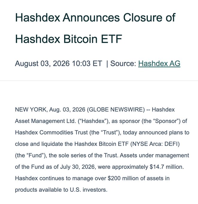 A press release dated August 3, 2026 from Hashdex AG announces the closure and liquidation of the Hashdex Bitcoin ETF (NYSE Arca: DEFI), which held approximately $14.7 million in assets under management as of July 30, 2026, marking the first spot Bitcoin ETF to shut down.
