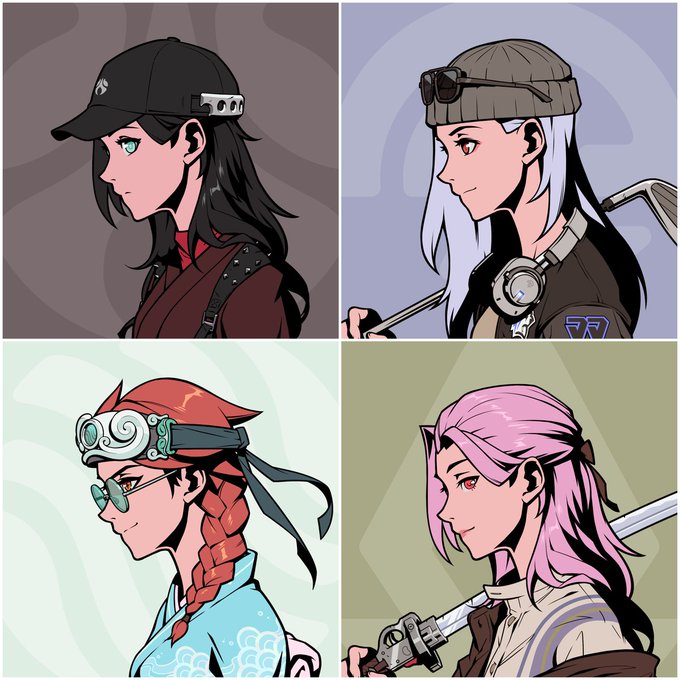 A four-panel illustration showing profile views of four anime-style characters with different colored hair and accessories.
