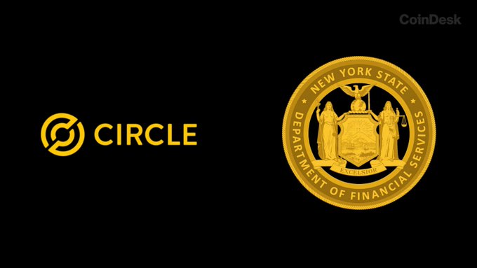 The image displays the Circle logo alongside the seal of the New York State Department of Financial Services (NYDFS), visually representing the company's newly secured limited purpose trust charter from the regulatory body, as referenced in the accompanying post about Circle's expanding fiduciary and custody service authorizations.