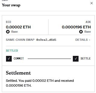 A Swap interface showing a settled trade where 0.00002 ETH was paid to receive 0.0000196 ETH.