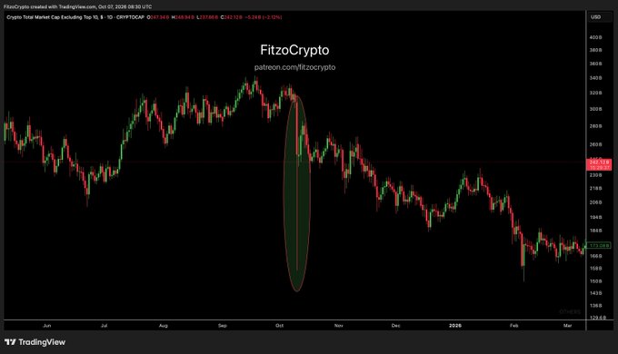 A TradingView candlestick chart for CRYPTOCAP TOTAL shows market cap history through March 2026, with FitzoCrypto branding and a green oval highlighting a price movement in October.