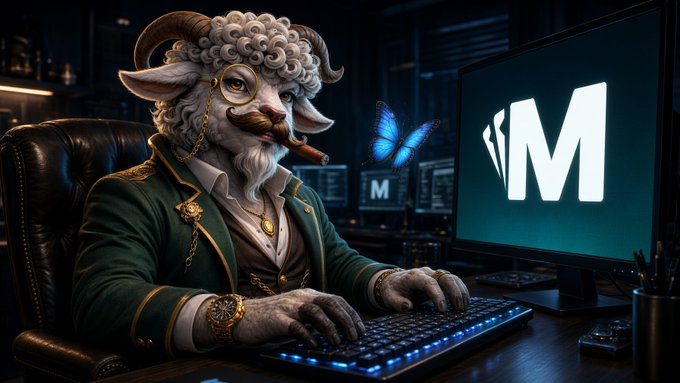 An anthropomorphic sheep character dressed in a green suit smokes a cigar while typing on a glowing blue keyboard in front of a monitor displaying an 'M' logo, with a blue butterfly resting nearby.