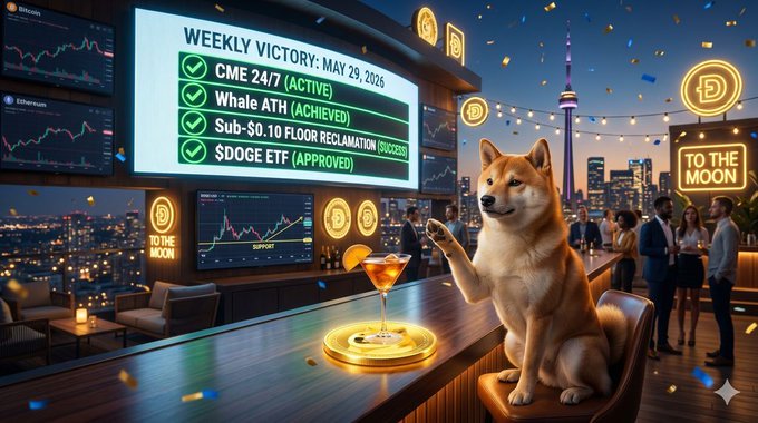 The image features a dog sitting at a bar, with people standing behind him. A large screen displays information about cryptocurrency trading, including the CME 24/7 crypto futures market and whale accumulation at all-time highs. The dog appears to be enjoying its time at the bar while surrounded by people who are engaged in conversation or observing the screens.