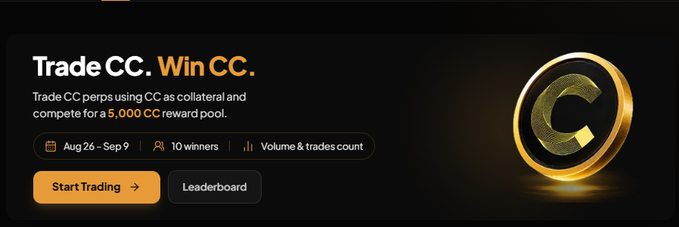Promotional banner reading 'Trade CC. Win CC.' offering a 5,000 CC reward pool for trading competition from Aug 26 - Sep 9 with 10 winners.