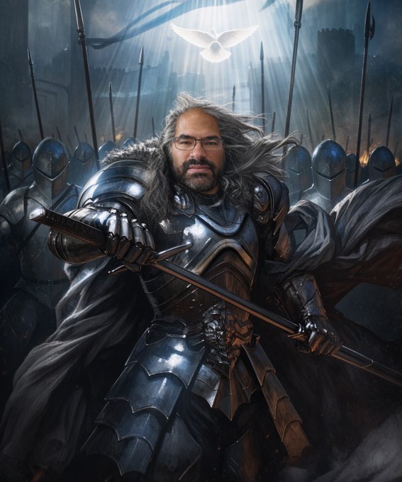 The image depicts a man with long gray hair, glasses, and a beard, dressed in medieval knight's armor and holding a sword, standing before an army of similarly armored soldiers with a white dove descending from a beam of light above—a powerful, battle-ready composition symbolizing XRP's long-awaited moment to rise and lead the crypto market.