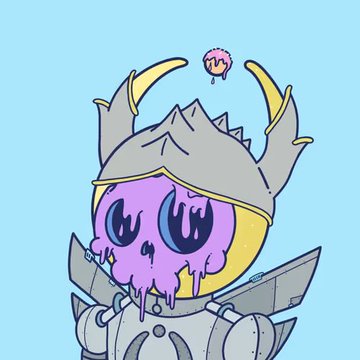 A cartoon character wearing grey knight's armor and a horned helmet, with a dripping pink ice cream-like substance forming its face and body, plus a small dripping brain floating above.