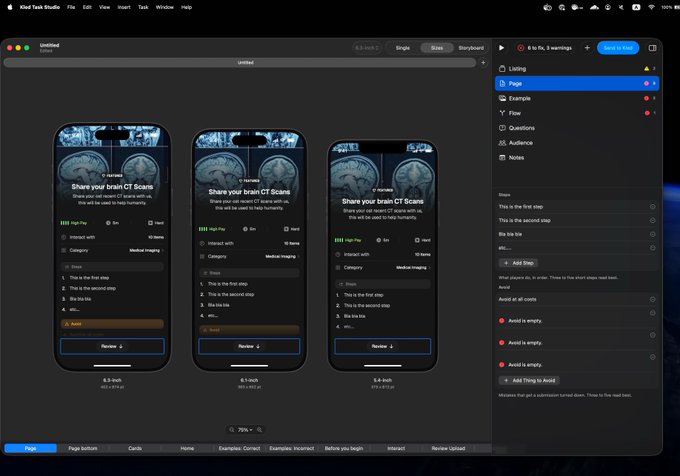 A screenshot of the Kivi Task Studio app interface displaying three mobile screen variations of a 'Share your brain CT Scans' form being designed.